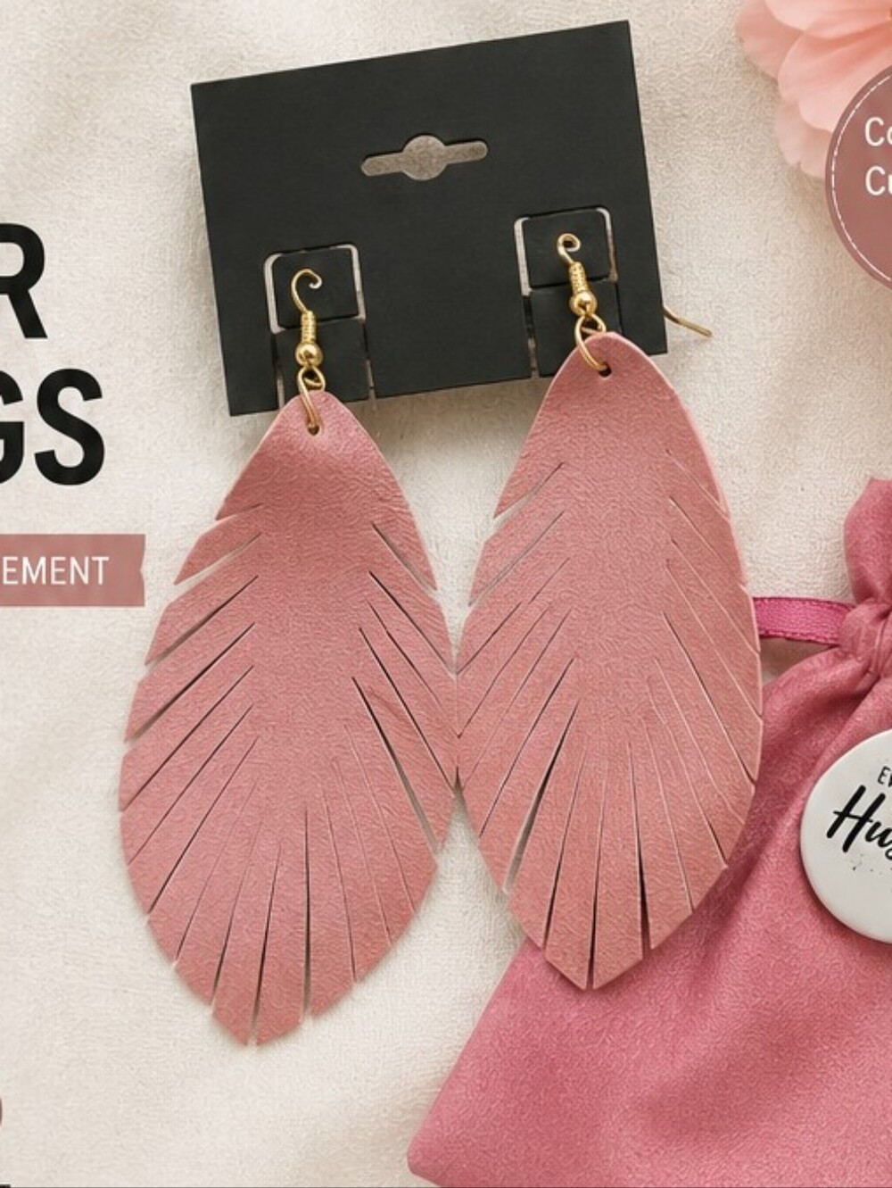 Boho Chic Pink Feather Earrings with Pouch & Pin - Kids Accessories